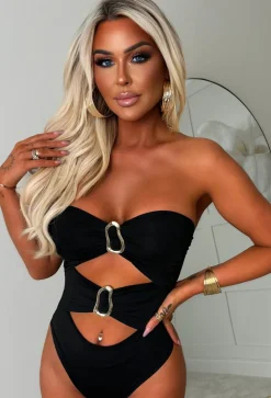 Playful Peekaboo Black Cut Out Gold Buckle Bodysuit