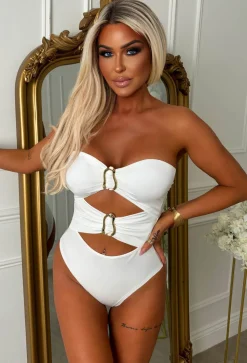 Playful Peekaboo White Cut Out Gold Buckle Bodysuit