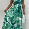 Pleated Perfection Green Marble Print Pleated Tie Waist Dress