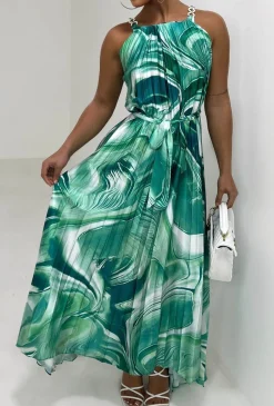 Pleated Perfection Green Marble Print Pleated Tie Waist Dress