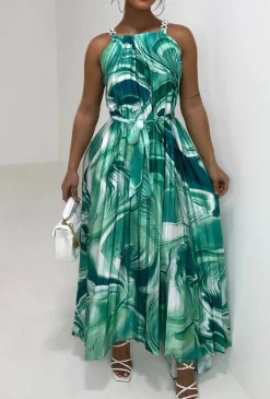 Pleated Perfection Green Marble Print Pleated Tie Waist Dress