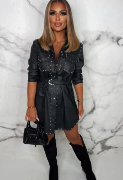 Prescilla Black Studded Belted Faux Leather Mini Shirt Dress