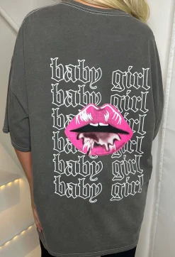 Pretty Gal Grey Washed Oversized Lips Graphic T-Shirt