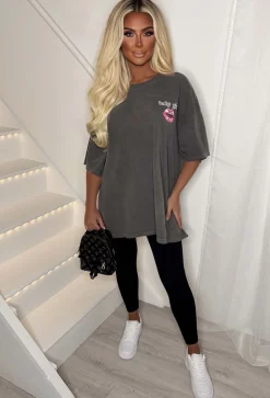 Pretty Gal Grey Washed Oversized Lips Graphic T-Shirt