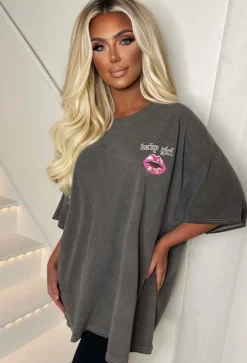 Pretty Gal Grey Washed Oversized Lips Graphic T-Shirt