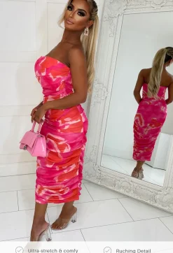 Pretty Meshy Pink Ultra Soft Double Lined Bandeau Mesh Midi Dress