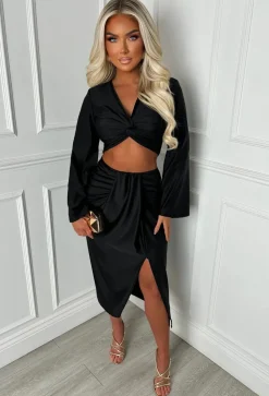 Pretty Things Black Jersey Ruched Midi Skirt Co-Ord