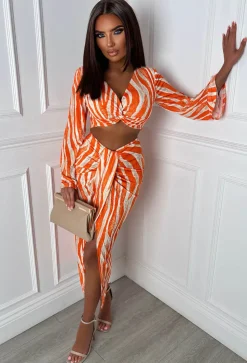 Pretty Things Orange Zebra Print Jersey Ruched Midi Skirt Co-Ord