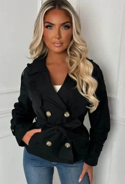 Private Society Black Belted Cropped Trench Coat