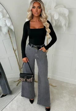 Rae Grey Stretch Flared Wide Leg Jeans