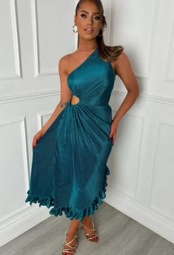 Raelynn Green One Shoulder Plisse Frill Hem Dress