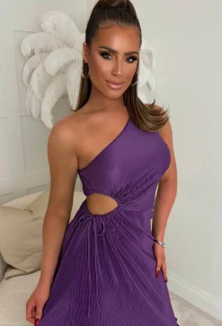Raelynn Purple One Shoulder Plisse Frill Hem Dress