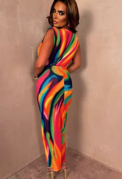 Rainbow Chic Multi Printed Stretch Sleeveless Plunge Ruched Midi Dress