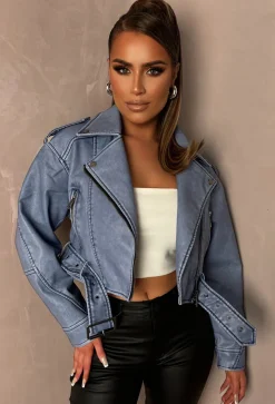 Rebel Blue Cropped Faux Leather Washed Biker Jacket