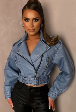 Rebel Blue Cropped Faux Leather Washed Biker Jacket
