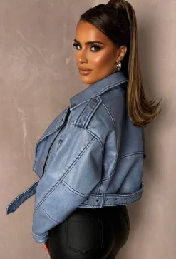 Rebel Blue Cropped Faux Leather Washed Biker Jacket