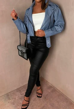 Rebel Blue Cropped Faux Leather Washed Biker Jacket