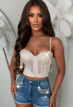 Reckless Romance Nude Diamond Tassel Bodice Crop Top