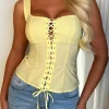 Regal Romance Yellow Lace Up Stretch Square Neck Corset Top
