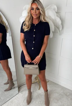 Renelle Navy Pleated Knitted Skirt