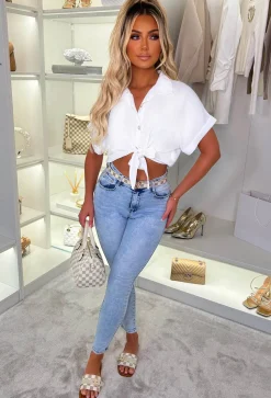 Replacing You White Knot Detail Cropped Shirt
