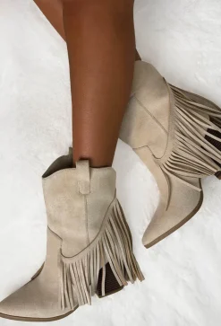Ride Em Cowboy Beige Faux Suede Tassel Boots