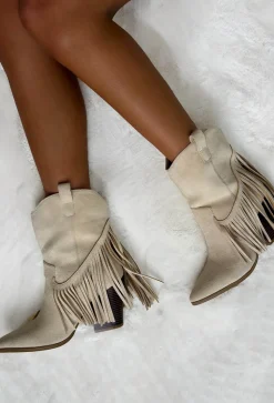 Ride Em Cowboy Beige Faux Suede Tassel Boots