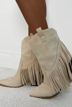 Ride Em Cowboy Beige Faux Suede Tassel Boots