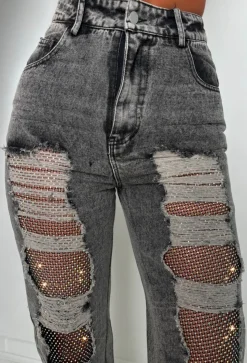 Ripped & Ready Black Ripped Jeans With Diamante Mesh