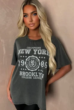 Rock Babe Grey New York Slogan Acid Wash T-Shirt