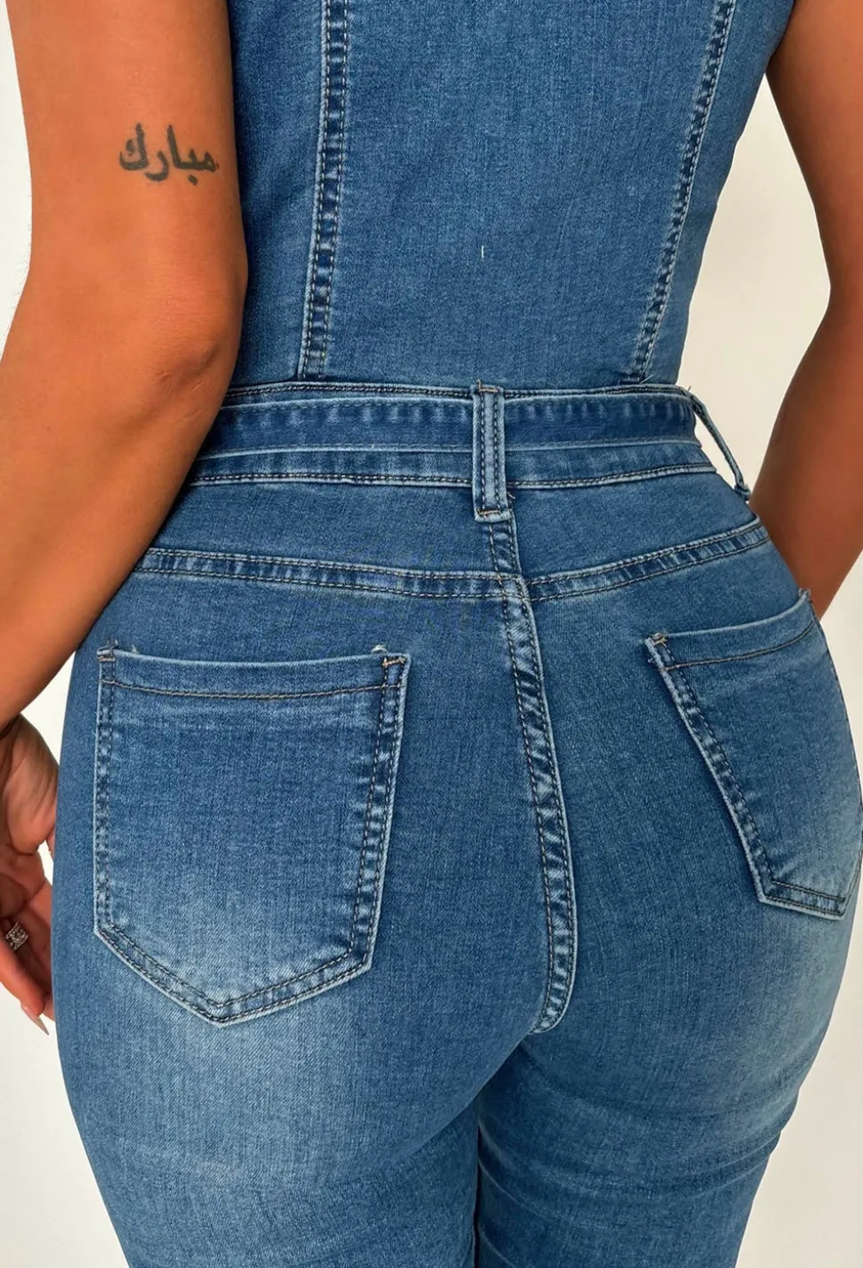 Rodeo Drive Chic Mid Wash Stretch Sleeveless Denim Jumpsuit