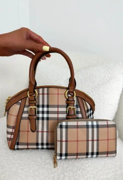 Roller Babe Beige Check Bag And Purse Set