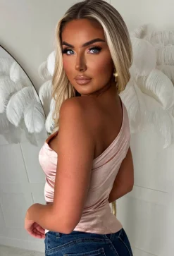 Romance Dreams Rose Gold Stretch Satin Ruched One Shoulder Top