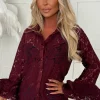 Romantic Energy Burgundy Lace Flared Sleeve Blouse