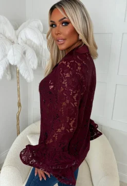Romantic Energy Burgundy Lace Flared Sleeve Blouse