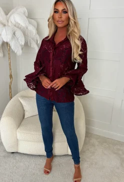 Romantic Energy Burgundy Lace Flared Sleeve Blouse