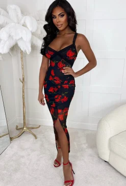 Romantic Luxe Black Rose Print Lace Trim Ruched Mesh Midi Dress