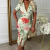 Rose Allure Multi Floral Print Ruched Front Midi Dress