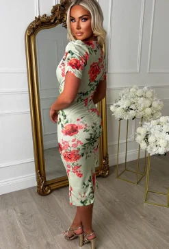 Rose Allure Multi Floral Print Ruched Front Midi Dress