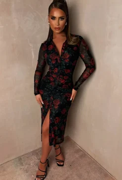 Rose Rebel Black Ruched Front Button Rose Print Shirt Dress