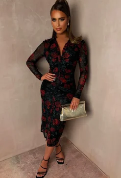 Rose Rebel Black Ruched Front Button Rose Print Shirt Dress