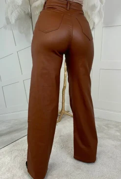 Roxie Caramel Faux Leather Stretch Wide Leg Jeans