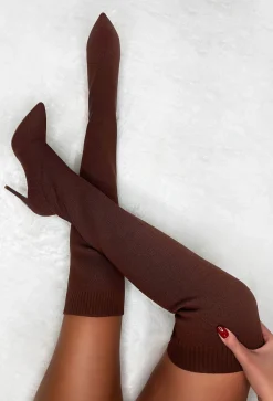 Roxxie Chocolate Brown Stretch Knit Over The Knee Boots
