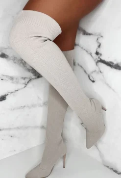 Roxxie Cream Stretch Knit Over The Knee Boots