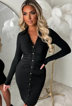 Ruched Forever Black Ruched Front Shirt Dress