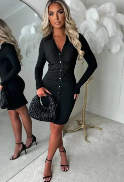 Ruched Forever Black Ruched Front Shirt Dress