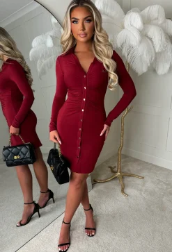 Ruched Forever Burgundy Ruched Front Shirt Dress