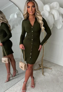 Ruched Forever Khaki Ruched Front Shirt Dress