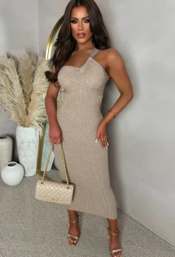 Runaway Heart Taupe Knot Detail Knitted Midi Dress