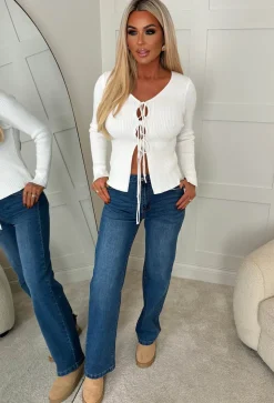 Rylee Cream Ultra Soft Tie Up Rib Knit Cardigan